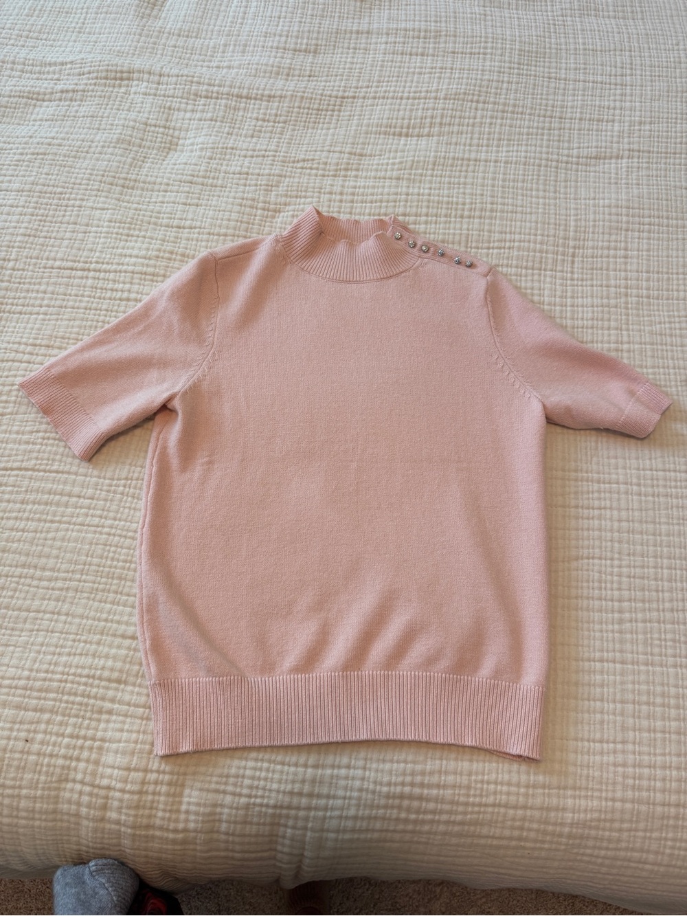 Ann Taylor Light Pink Short-Sleeve Mock Neck Sweater with Shoulder Buttons